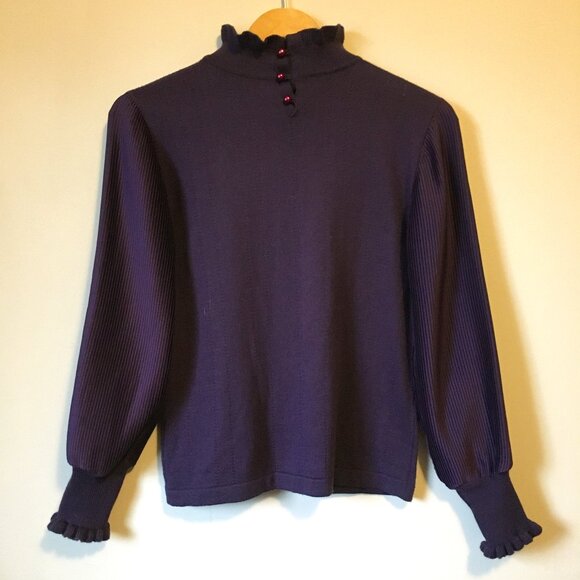 Plum Ribbed Balloon Sleeve Knit Mock Neck Frilly Sweater - Picture 2 of 16